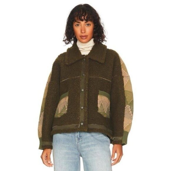 NWT BlankNYC Timber Sweater Cropped Jacket L Olive Teddy Cardigan Sherpa Plaid - Picture 4 of 12